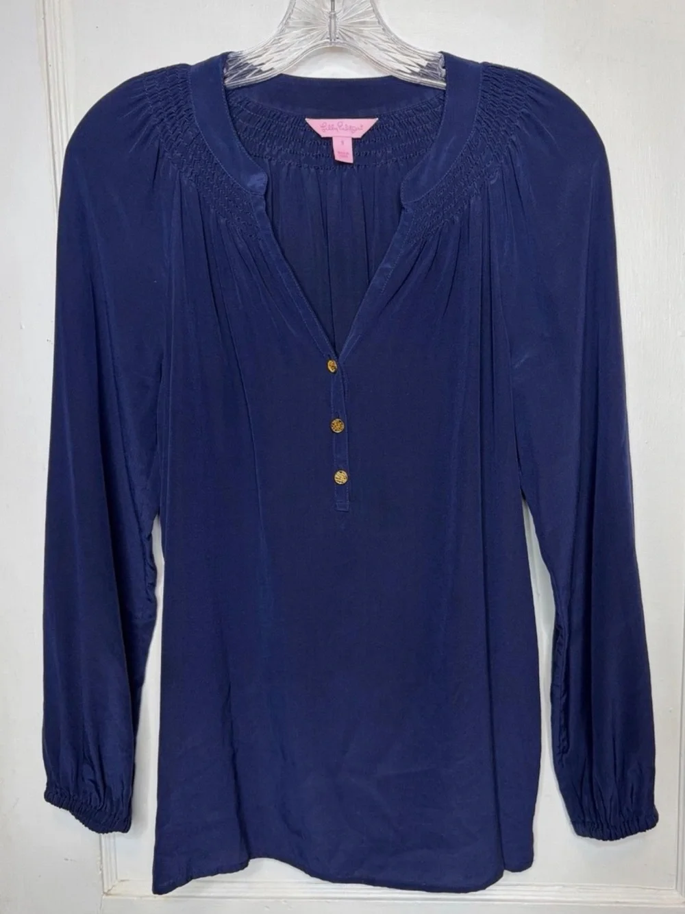 Lilly Pulitzer Womens Small Elsa Silk Top Navy Smocked Neck Puff Sleeve Coastal
